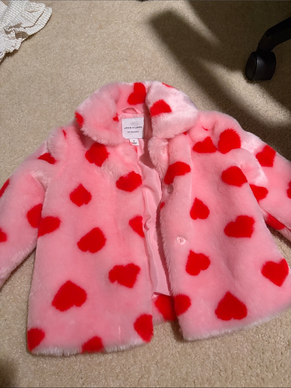 Janie and Jack Pink Faux Fur Coat with Red Heart Print